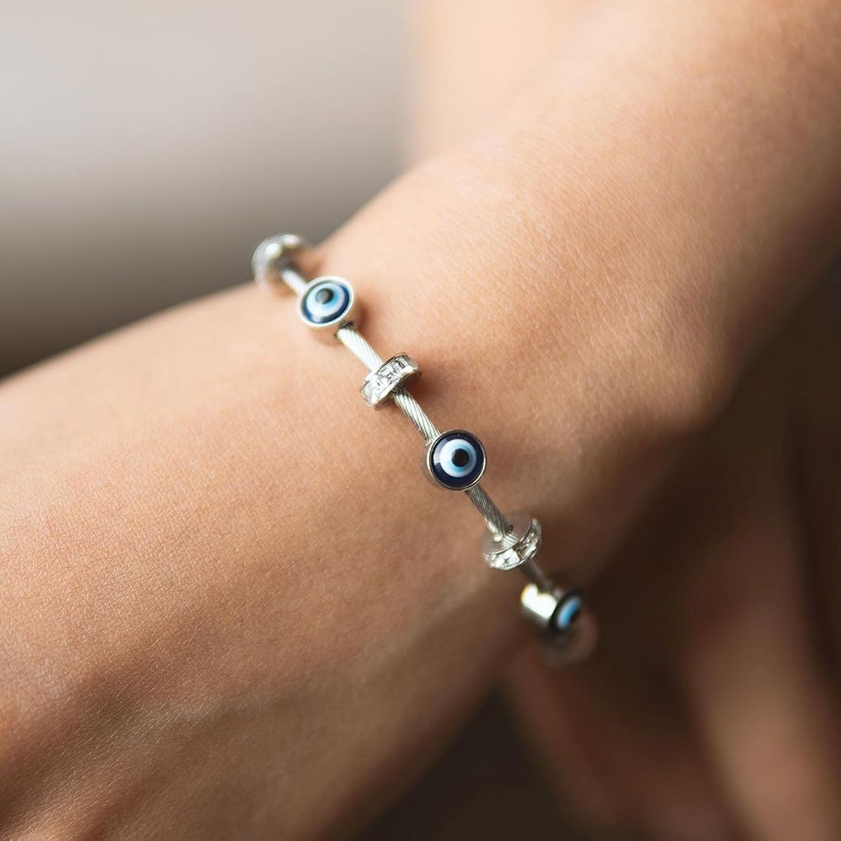 Evil Eye Blue Silver CZ Enamel Stainless Steel Bracelet Bulk