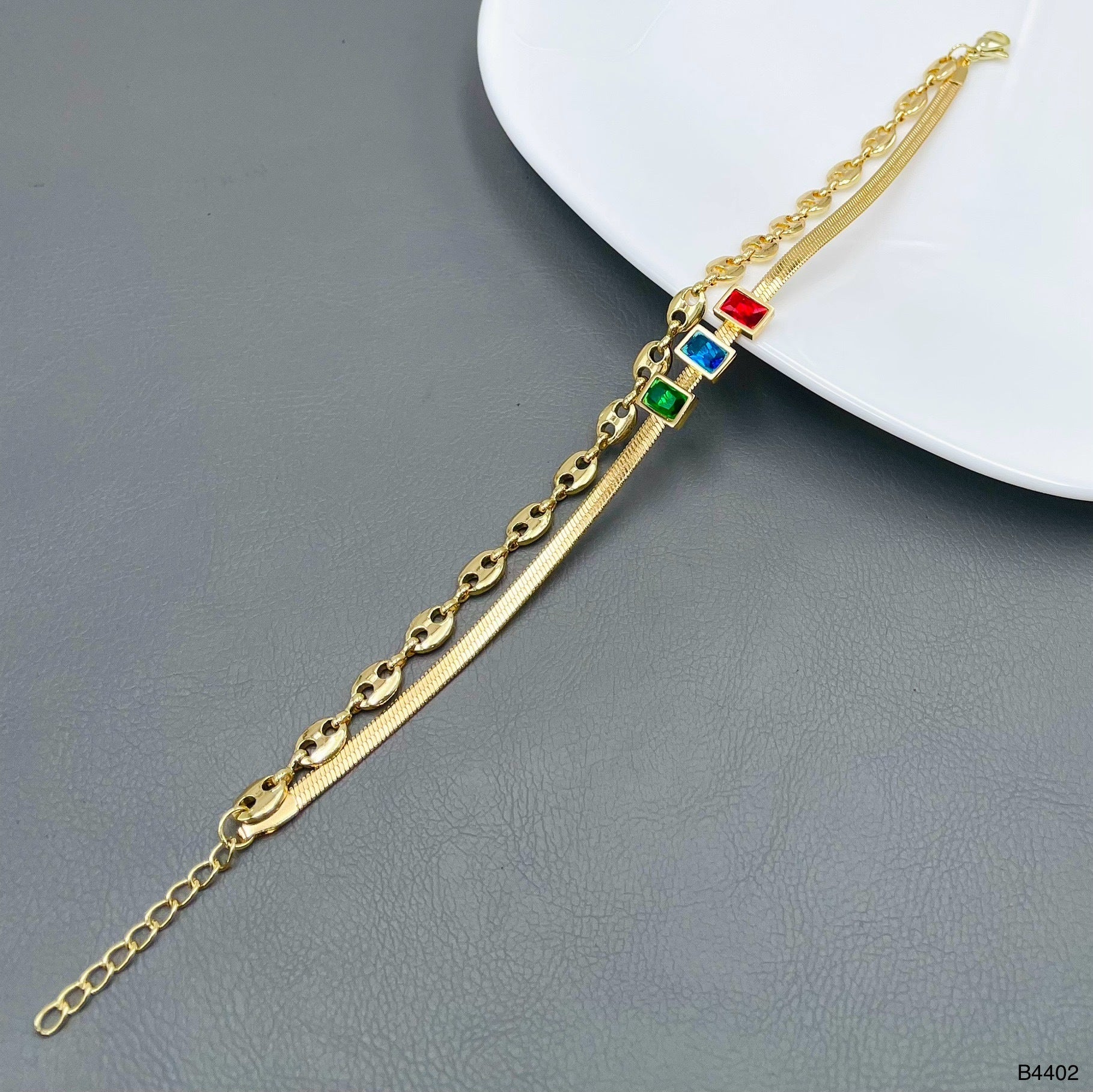 Solitaire Crystal Multicolour 18K Gold Stainless Steel Anti Tarnish Snake Chain Dual Layer Bracelet For Women Main image