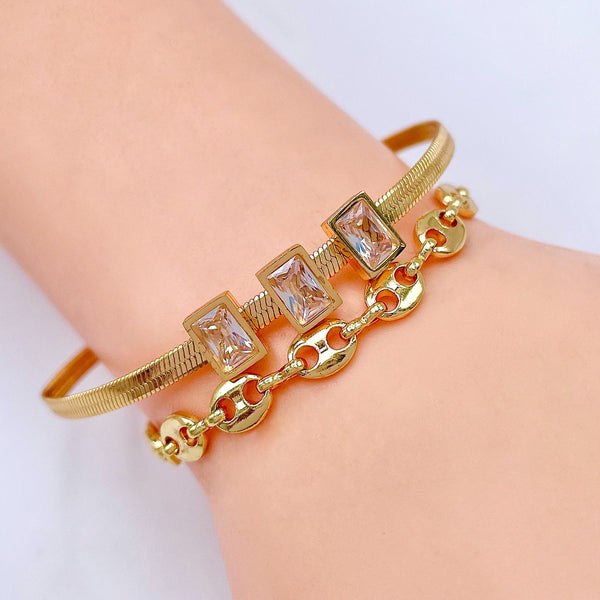 Baguette Solitaire 18K Gold Cubic Zirconia Anti Tarnish Snake Layer Chain Bracelet For Women Secondary image