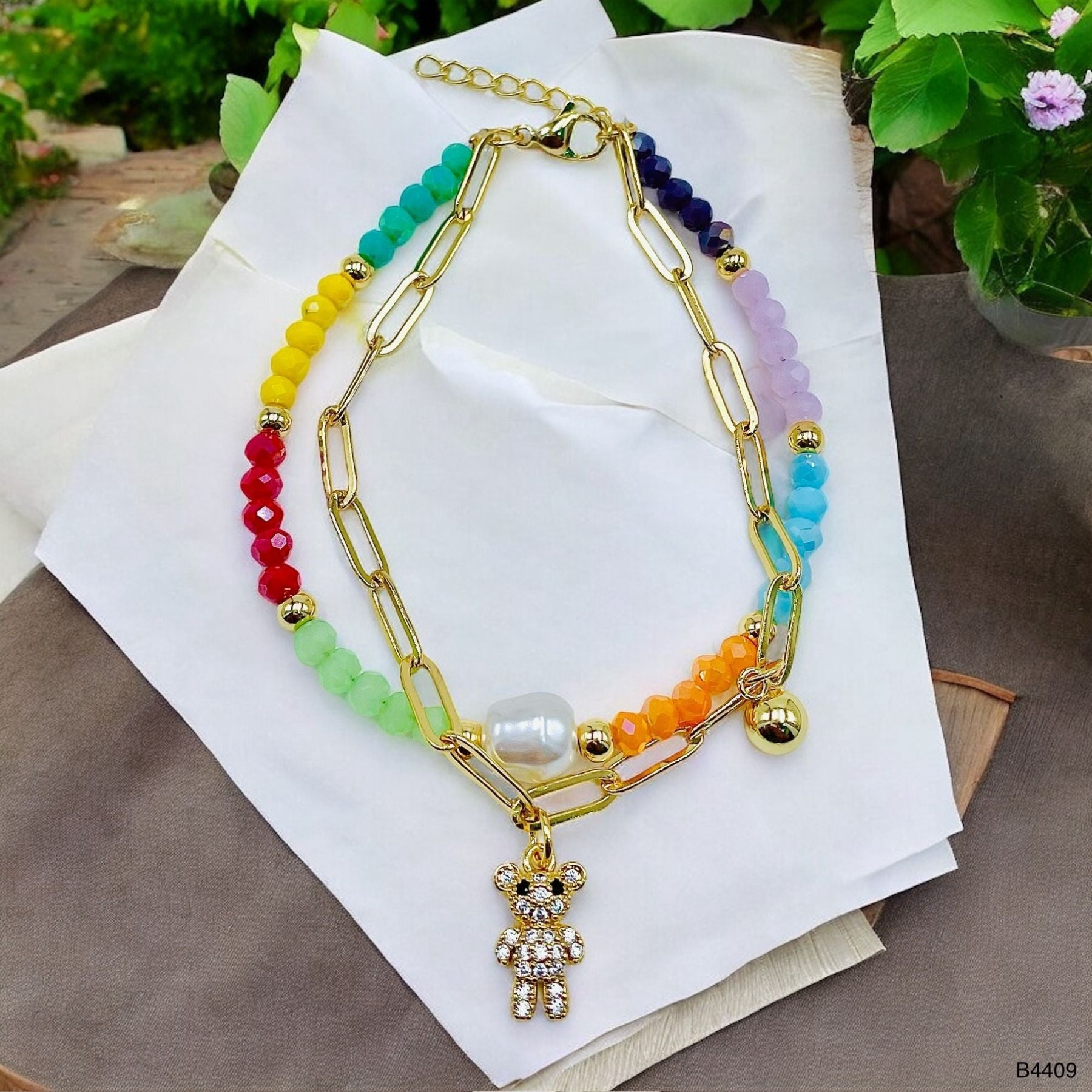 Teddy Bear Multi 18K Gold Cubic Zirconia Pearl Anti Tarnish Charm Link Chain Layer Bracelet For Women Main image