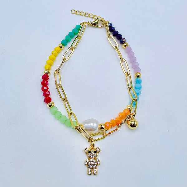 Teddy Bear Multi 18K Gold Cubic Zirconia Pearl Anti Tarnish Charm Link Chain Layer Bracelet For Women Secondary image