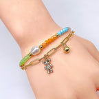 Teddy Bear Multi 18K Gold Cubic Zirconia Pearl Anti Tarnish Charm Link Chain Layer Bracelet For Women