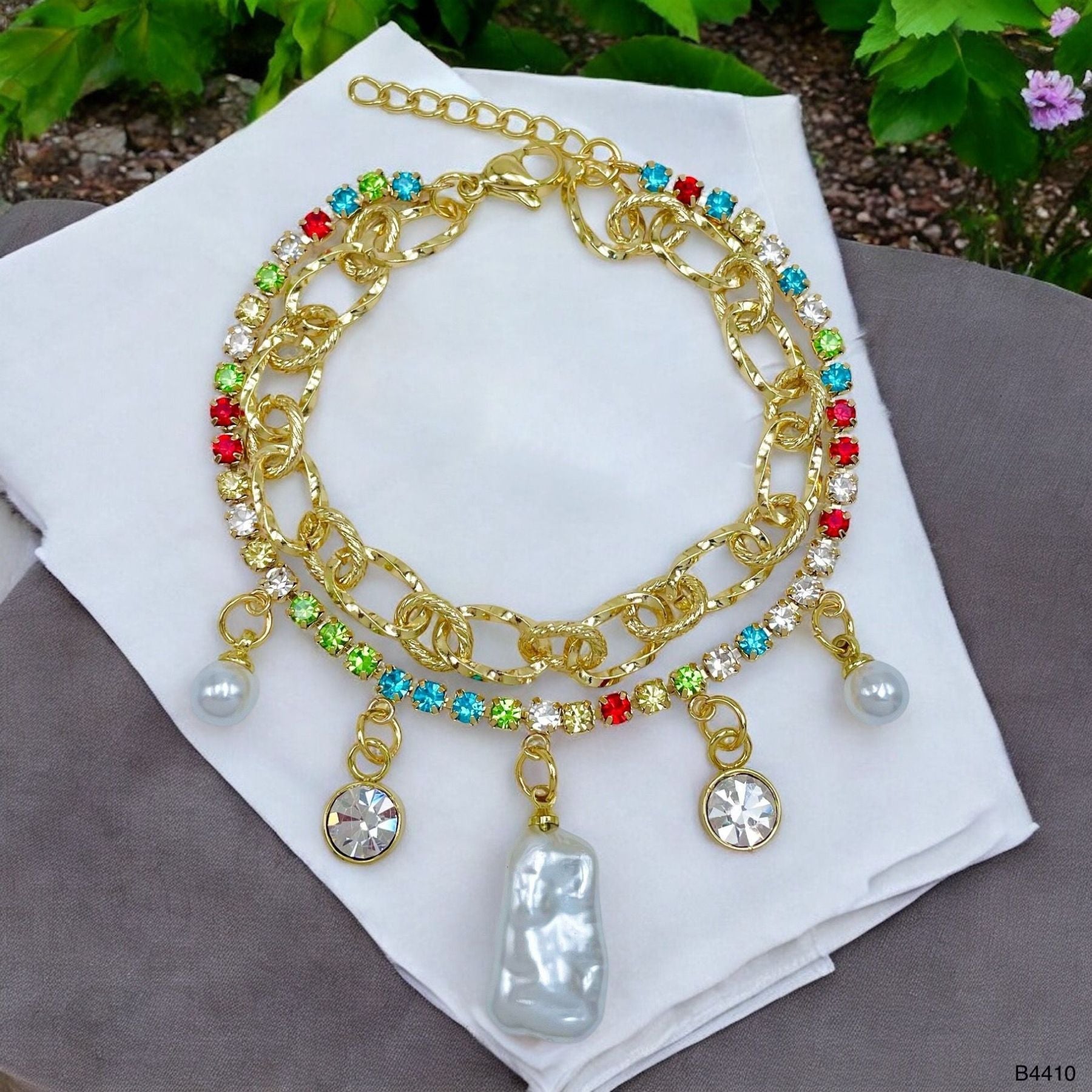 Rainbow Multi 18K Gold Cubic Zirconia Pearl Anti Tarnish Charm Link Layer Bracelet For Women Main image