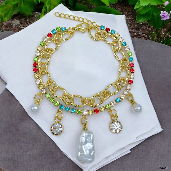Rainbow Multi 18K Gold Cubic Zirconia Pearl Anti Tarnish Charm Link Layer Bracelet For Women Main image