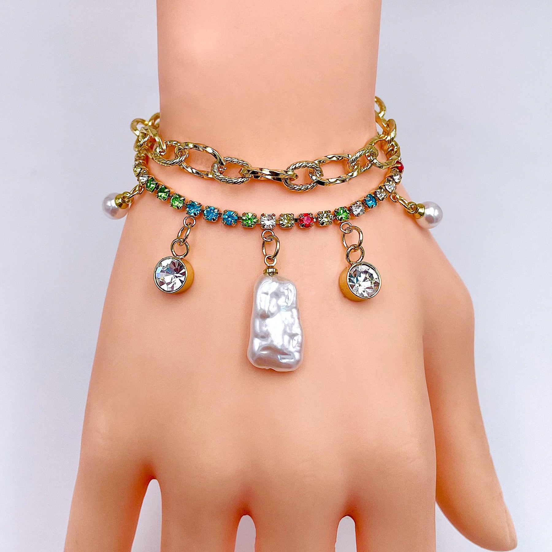 Rainbow Multi 18K Gold Cubic Zirconia Pearl Anti Tarnish Charm Link Layer Bracelet For Women Secondary image