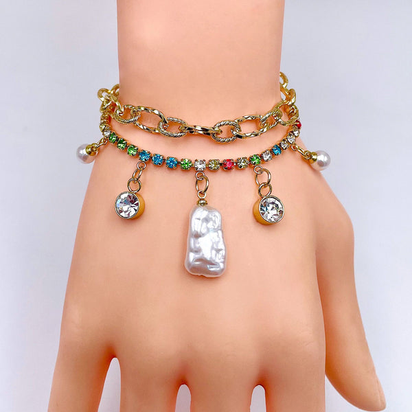 Rainbow Multi 18K Gold Cubic Zirconia Pearl Anti Tarnish Charm Link Layer Bracelet For Women Secondary image