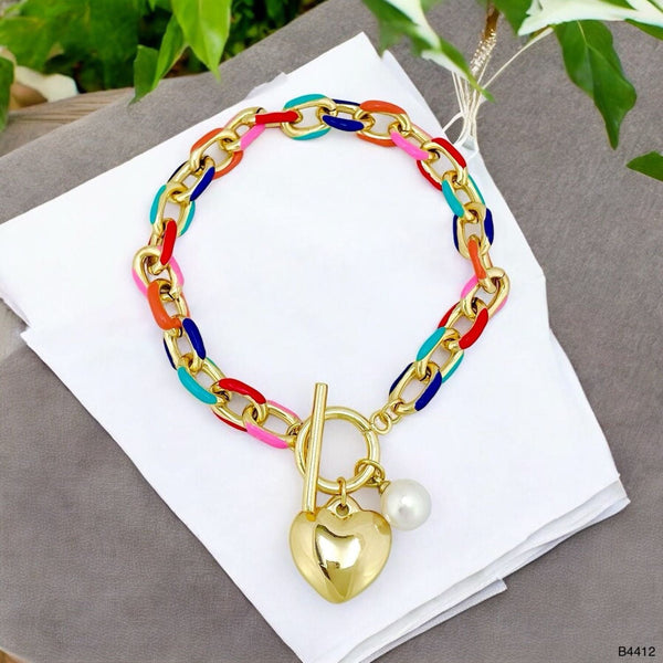 Heart Rainbow Multi Gold Pearl Anti Tarnish Charm Link Bracelet Bulk Main image