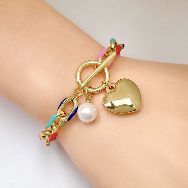 Heart Rainbow Multi Gold Pearl Anti Tarnish Charm Link Bracelet Bulk Secondary image
