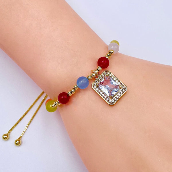 Solitaire Rainbow Multi 18K Gold Cubic Zirconia Anti Tarnish Charm Adjustable Slider Bracelet For Women Secondary image
