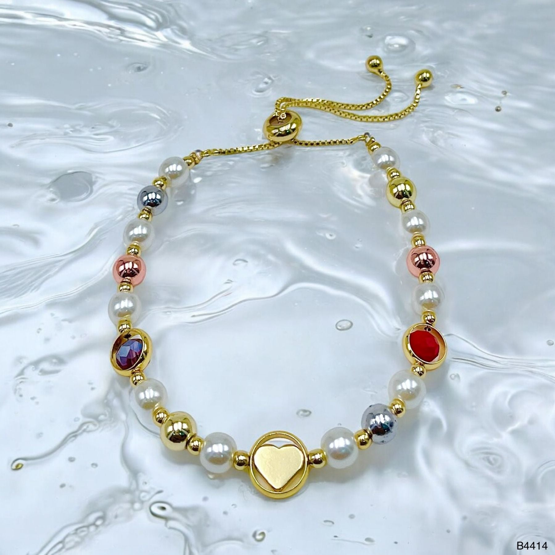 Heart Rainbow Multi Gold Pearl Anti Tarnish Charm Slider Bracelet Bulk Main image
