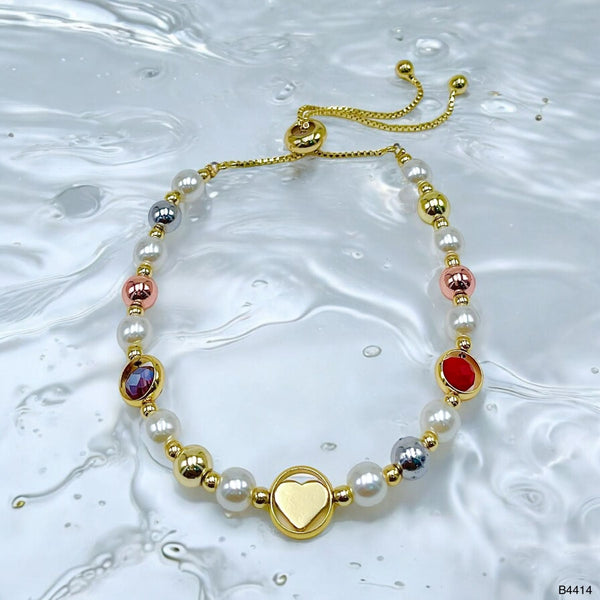 Heart Rainbow Multi Gold Pearl Anti Tarnish Charm Slider Bracelet Bulk Main image