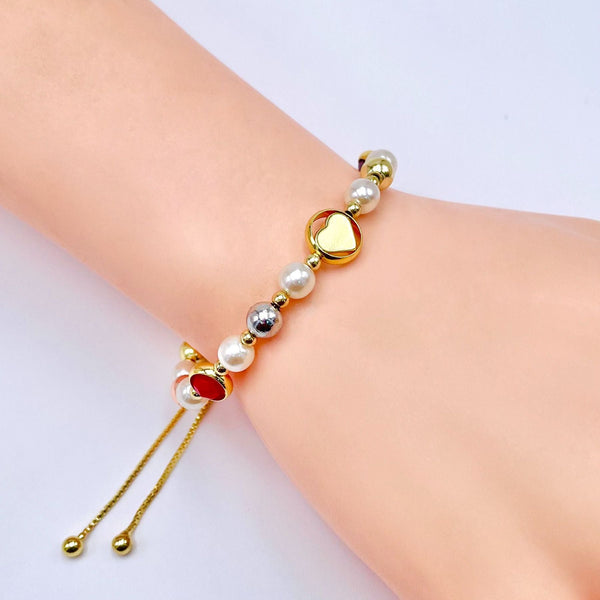 Heart Rainbow Multi Gold Pearl Anti Tarnish Charm Slider Bracelet Bulk Secondary image