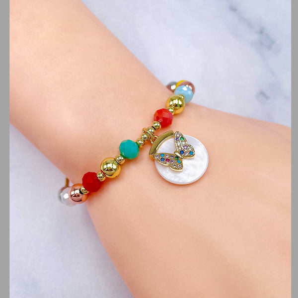 Butterfly Rainbow Multi 18K Gold Cubic Zirconia Mother Of Pearl Anti Tarnish Charm Adjustable Slider Bracelet For Women Main image