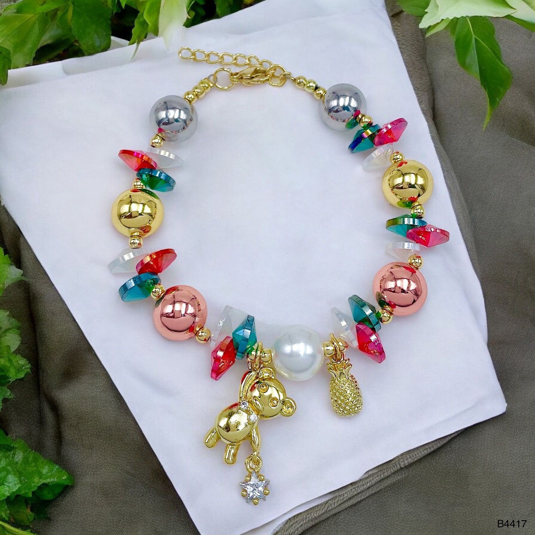 Teddy Bear Rainbow Multi 18K Gold Cubic Zirconia Pearl Anti Tarnish Charm Bracelet For Women Main image