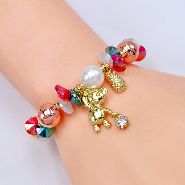 Teddy Bear Rainbow Multi 18K Gold Cubic Zirconia Pearl Anti Tarnish Charm Bracelet For Women Secondary image