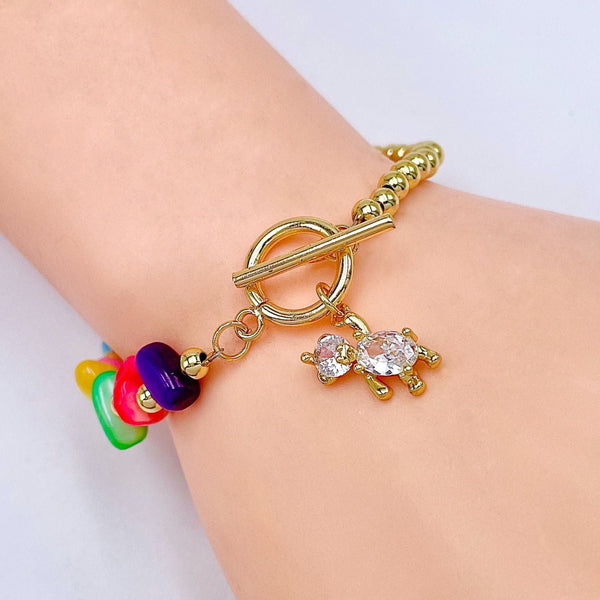 Teddy Bear Rainbow Multi 18K Gold Cubic Zirconia Beads Anti Tarnish Charm Link Bracelet For Women Secondary image