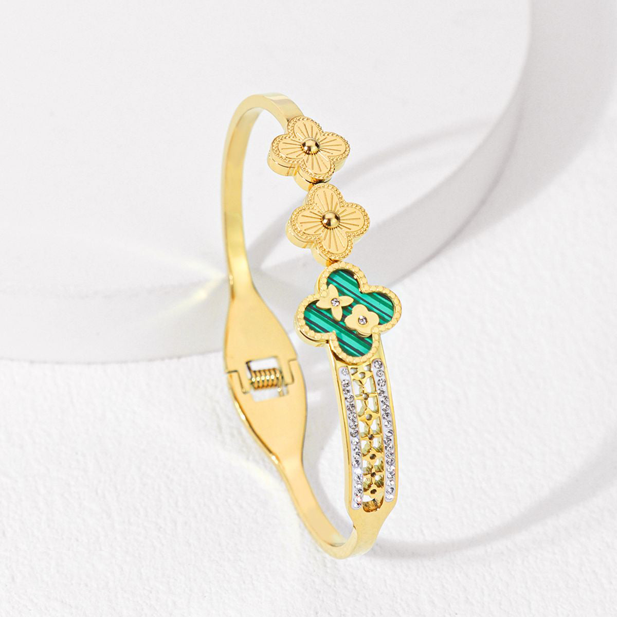 Clover Flower Green 18K Gold CZ Stainless Steel Kada Bracelet Bulk Main image