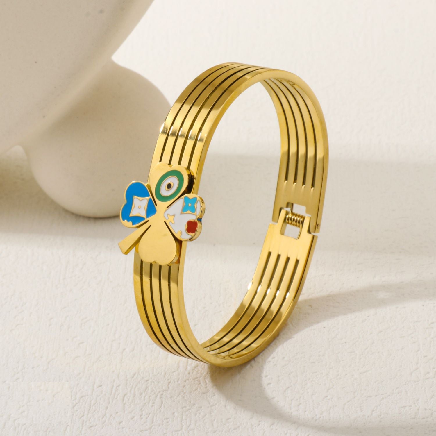 Evil Eye Clover Flower Green 18K Gold Enamel Stainless Steel Kada Bracelet For Women Main image