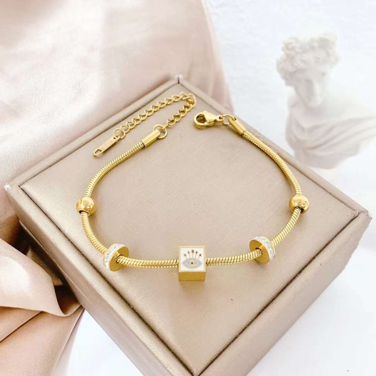 Square Evil Eye White 18K Gold CZ Enamel Stainless Steel Bracelet Bulk Main image