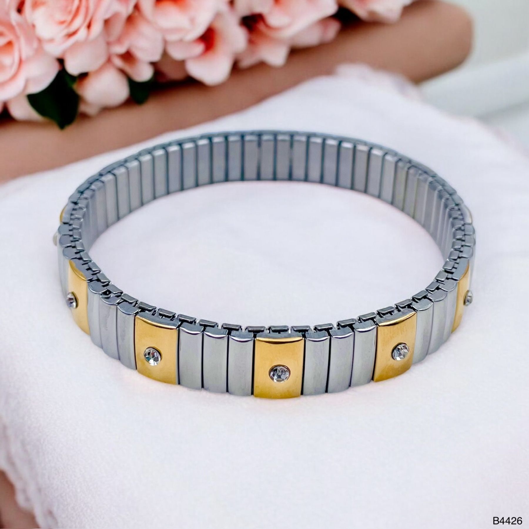 Two Tone CZ 18K Gold Silver Stretchable Elastic Bracelet Bulk