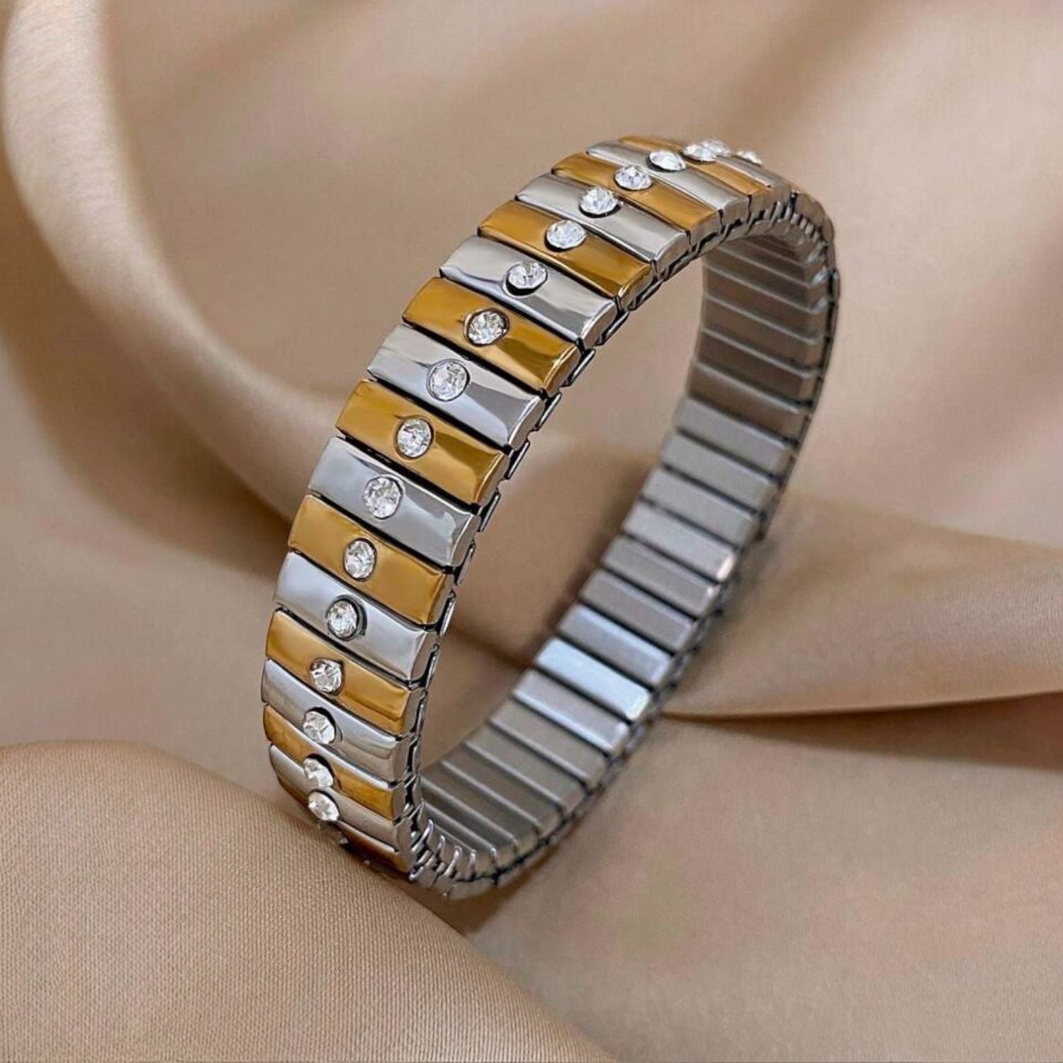 Two Tone CZ 18K Gold Silver Stretchable Elastic Bracelet Bulk