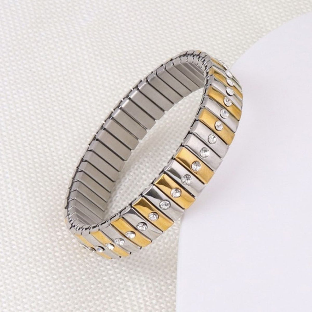 Two Tone CZ 18K Gold Silver Stretchable Elastic Bracelet Bulk