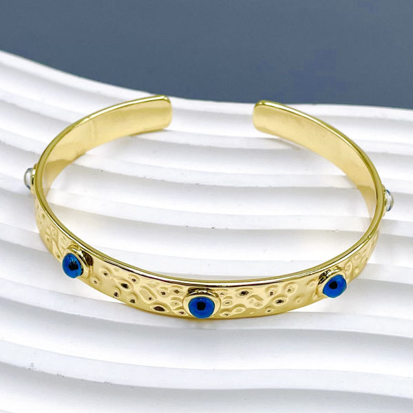 Evil Eye Dented Blue 18K Gold Anti Tarnish Cuff Bracelet Women Bulk Secondary image