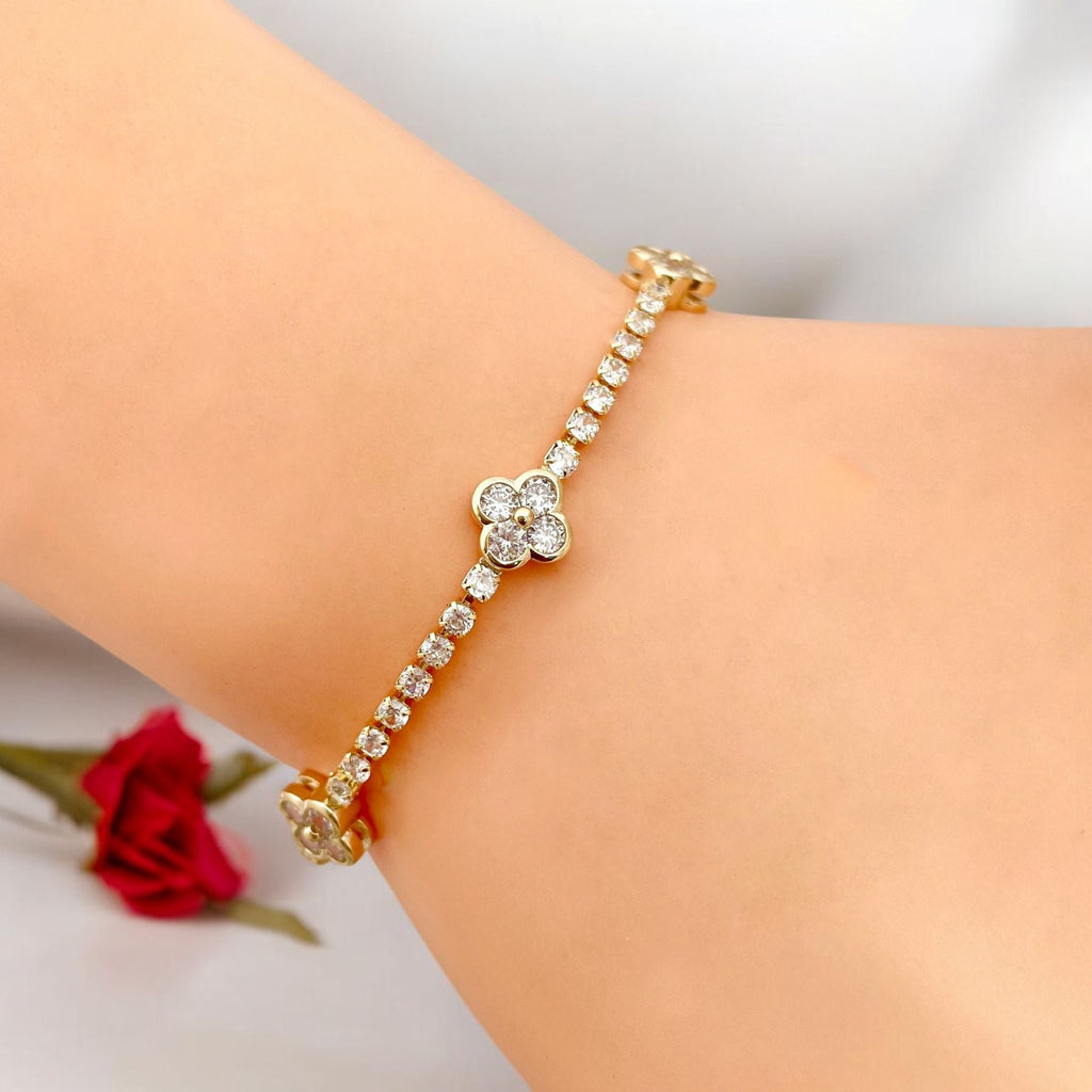 Clover Flower Solitaire CZ 18K Gold Anti Tarnish Tennis Bracelet Bulk