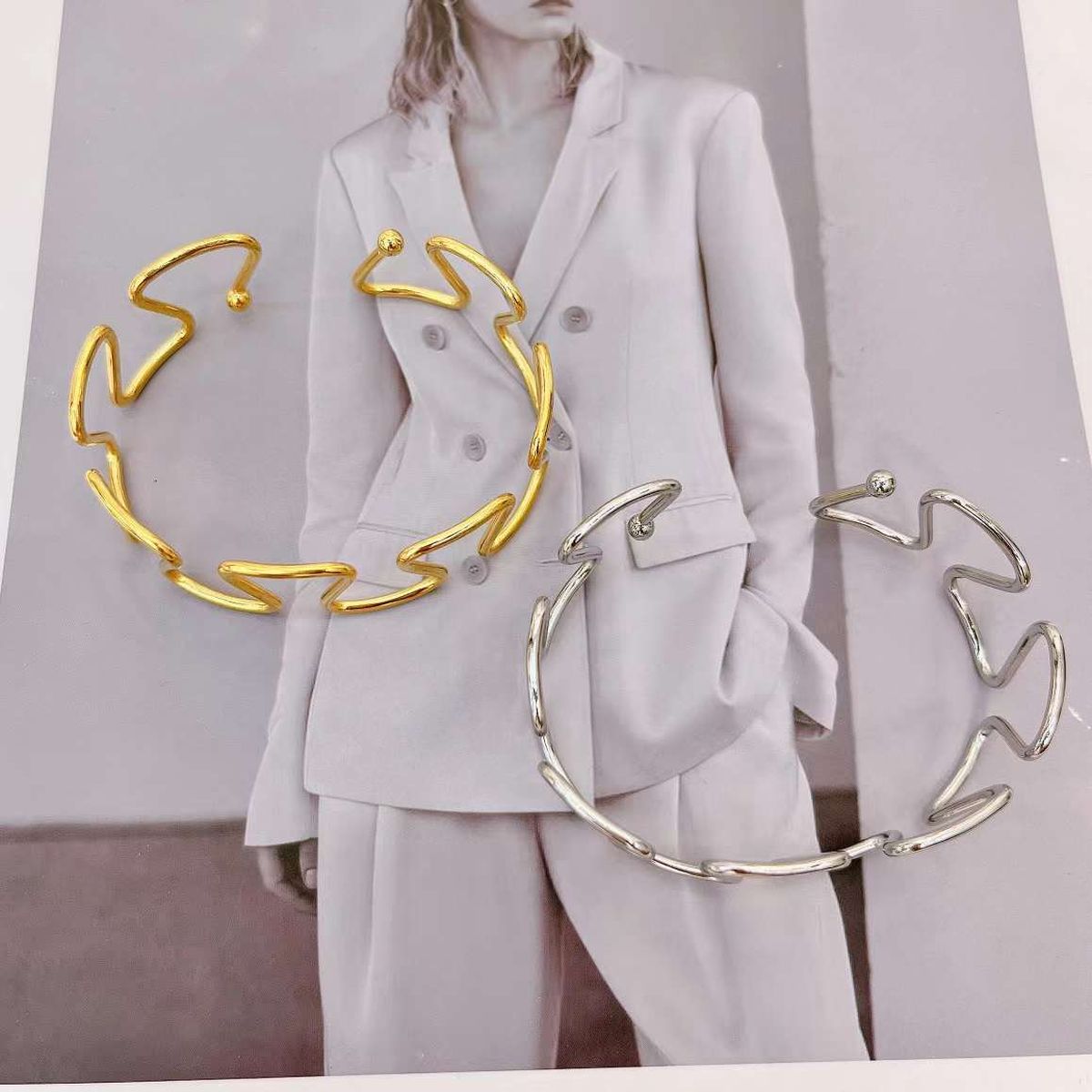 Zig Zag Silver Anti Tarnish Stainless Steel Cuff Bracelet Women Bulk