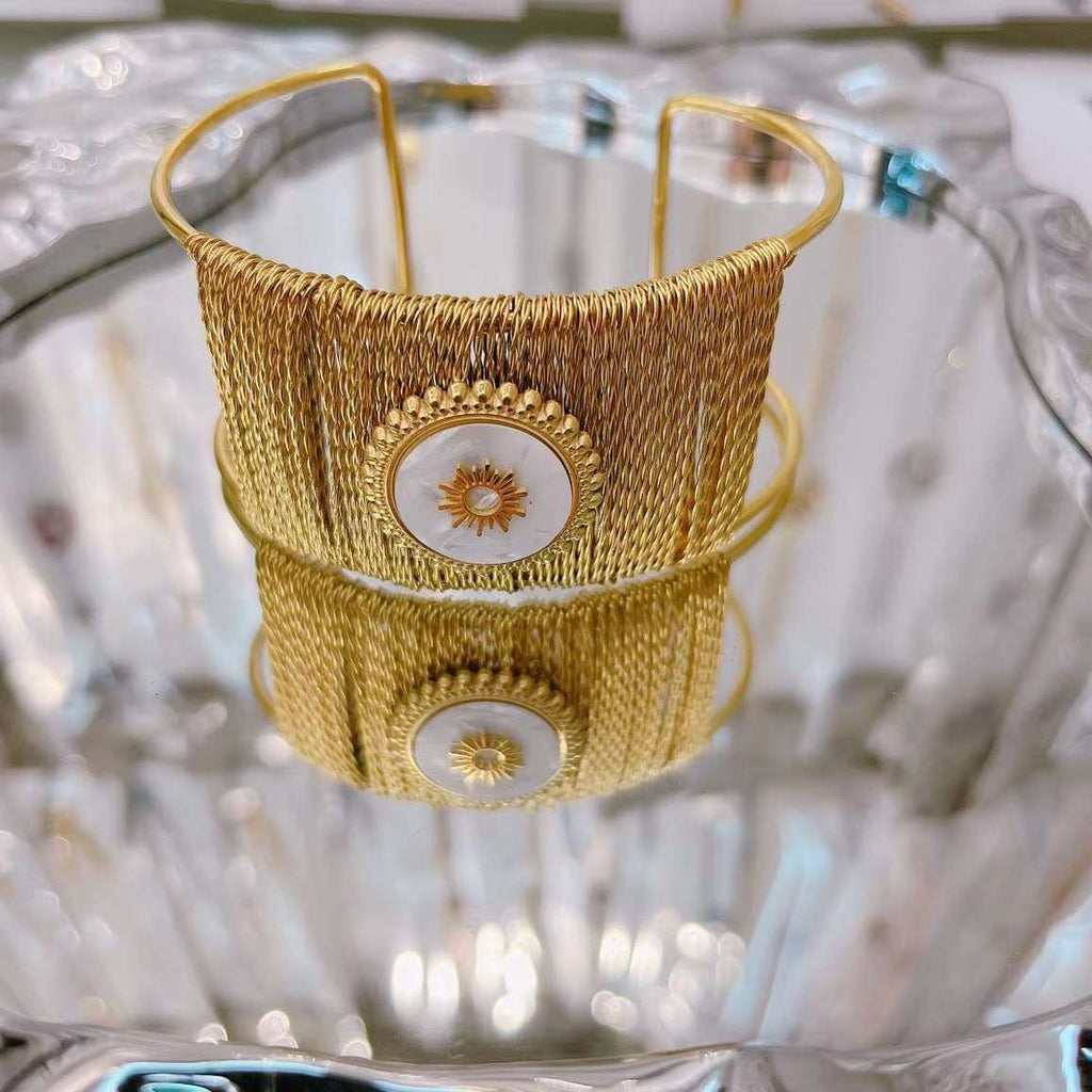Sun Statement Mesh White 18K Gold Mother Of Pearl Anti Tarnish Stainless Steel Cuff Bracelet For Women