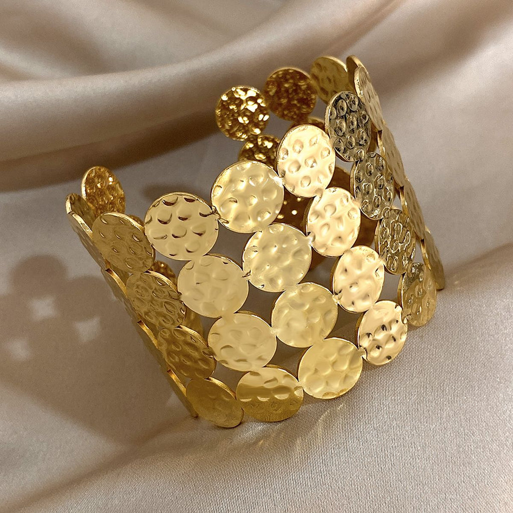 Dented Circle Layer Four 18K Gold Anti Tarnish Stainless Steel Cuff Bracelet For Women