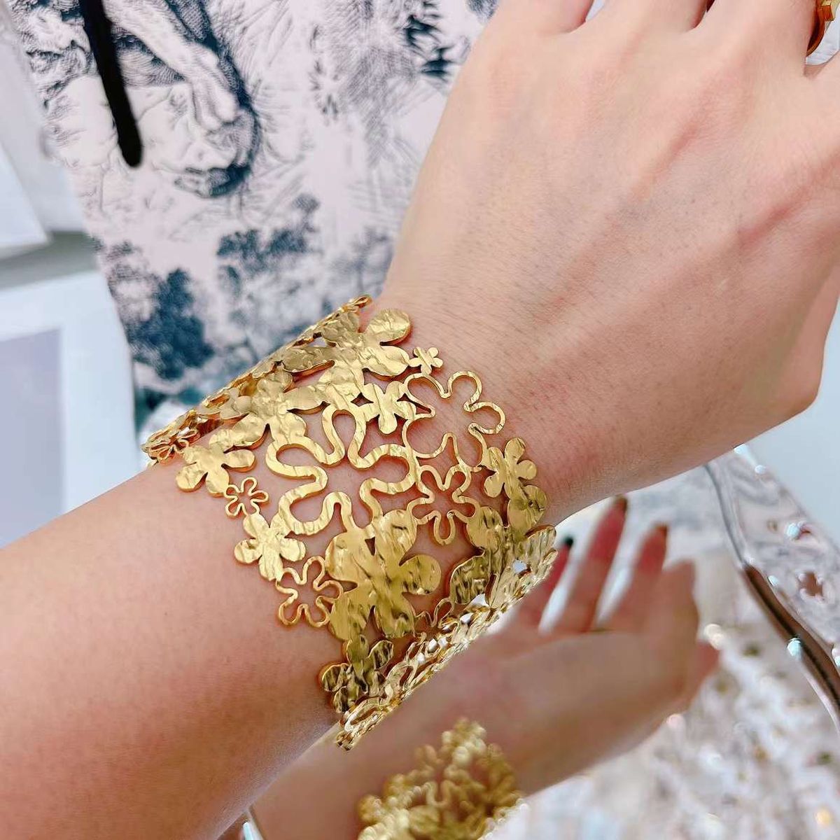Filigree Flower Gold Anti Tarnish Stainless Steel Cuff Bracelet Bulk Secondary image