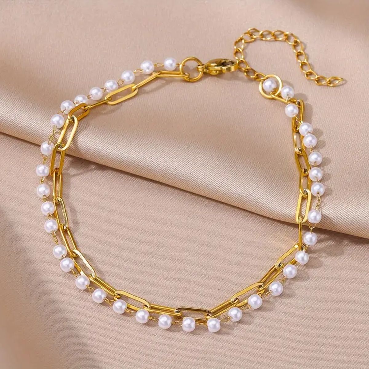 Dual Layer Pearl White 18K Gold Stainless Steel Anti Tarnish Link Chain Bracelet For Women Main image