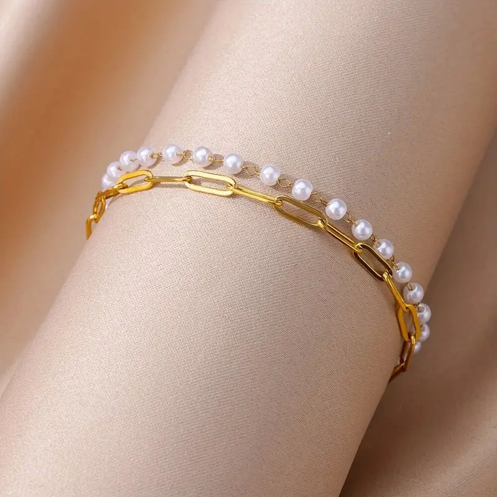 Dual Layer Pearl White 18K Gold Stainless Steel Anti Tarnish Link Chain Bracelet For Women