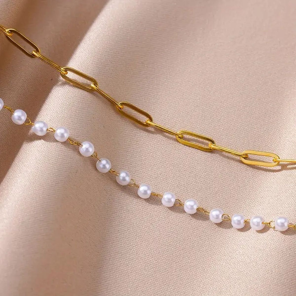 Dual Layer Pearl White 18K Gold Stainless Steel Anti Tarnish Link Chain Bracelet For Women