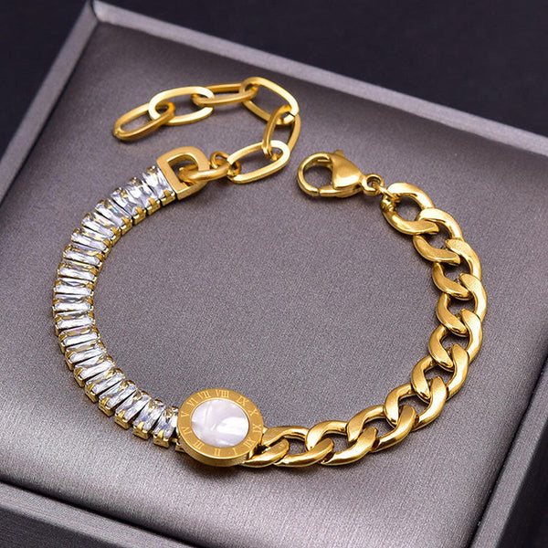 Roman Baguette Cubic Zirconia Mother Of Pearl 18K Gold Stainless Steel Curb Chain Bracelet For Women Main image