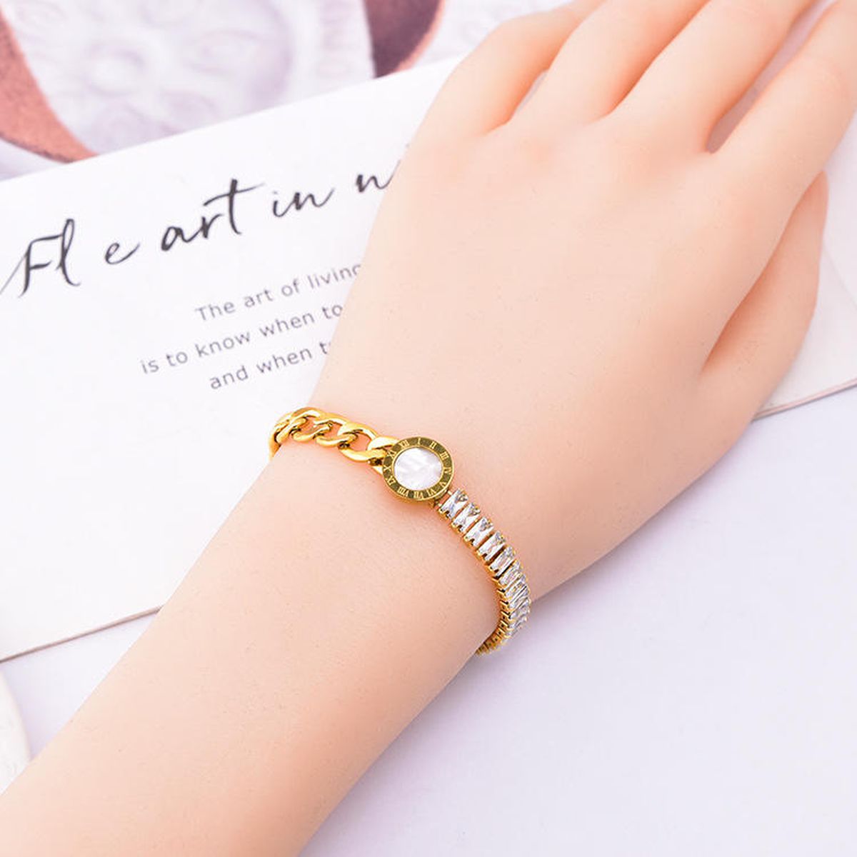 Roman Baguette Cubic Zirconia Mother Of Pearl 18K Gold Stainless Steel Curb Chain Bracelet For Women Secondary image