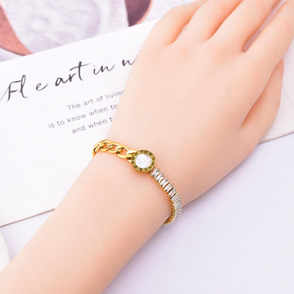 Roman Baguette Cubic Zirconia Mother Of Pearl 18K Gold Stainless Steel Curb Chain Bracelet For Women Secondary image