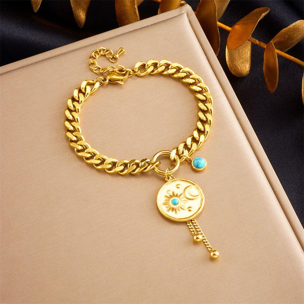 Sun Moon Beads 18K Gold Stainless Steel Anti Tarnish Cham Curb Chain Bracelet For Women Main image