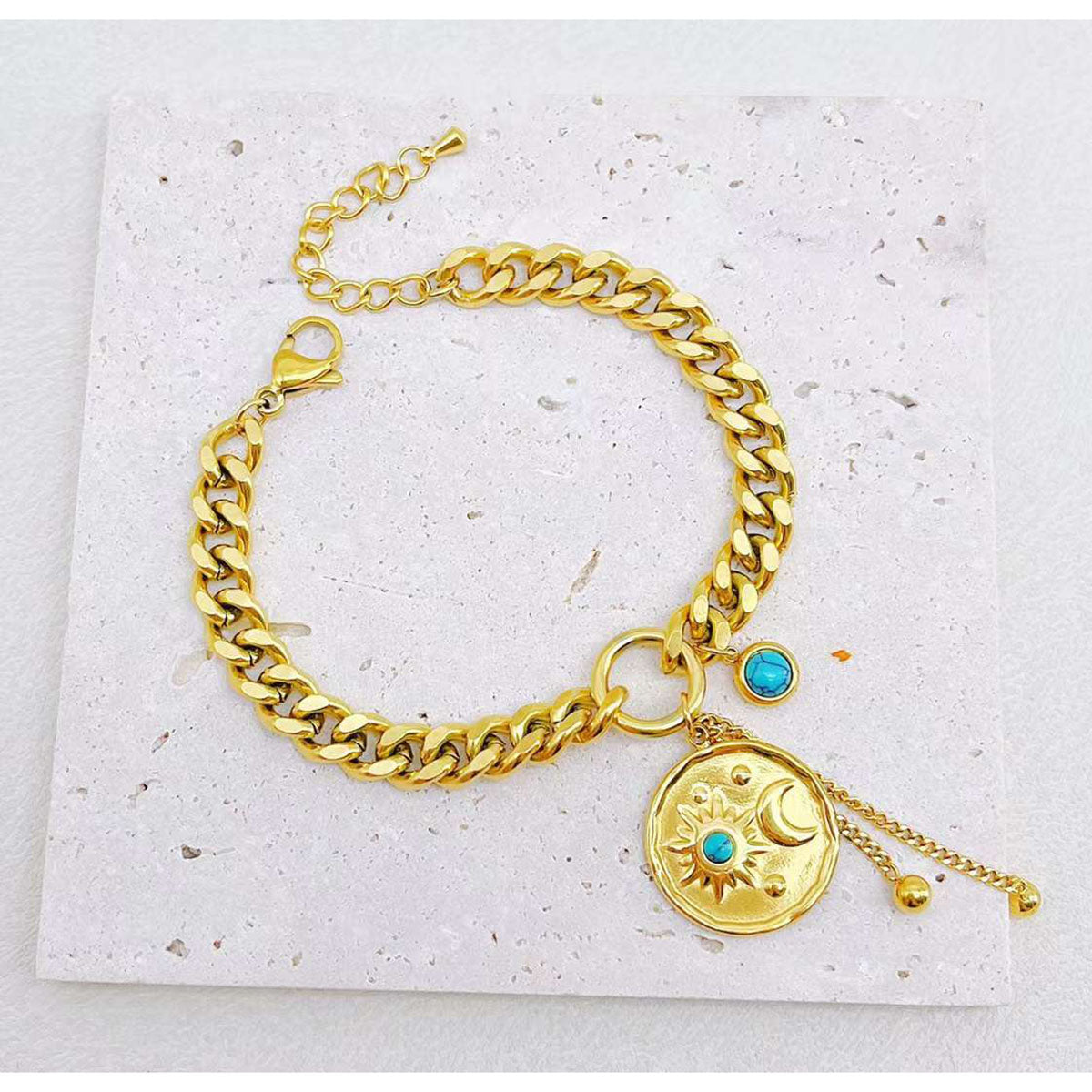 Sun Moon Beads 18K Gold Stainless Steel Anti Tarnish Cham Curb Chain Bracelet For Women Secondary image