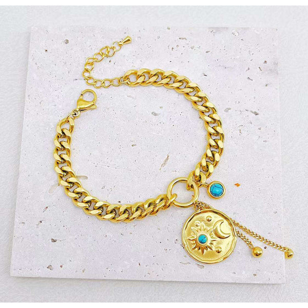 Sun Moon Beads 18K Gold Stainless Steel Anti Tarnish Cham Curb Chain Bracelet For Women Secondary image