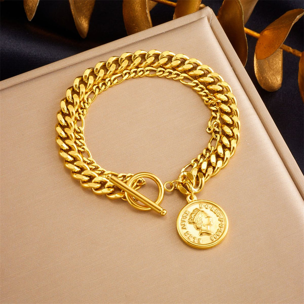 Elizabeth Coin 18K Gold Stainless Steel Anti Tarnish Charm Curb Chain Bracelet For Women