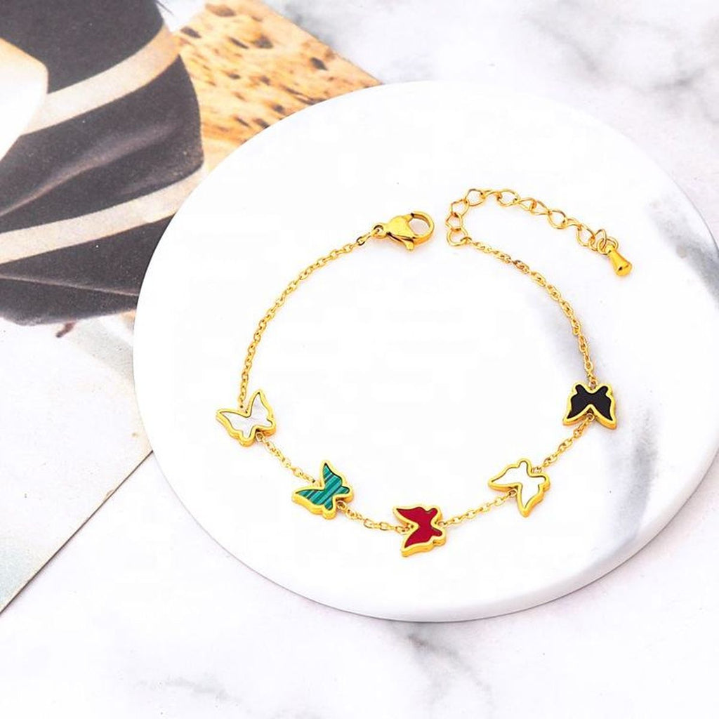 Rainbow Butterfly Mother Of Pearl Multicolour 18K Gold Stainless Steel Anti Tarnish Link Chain Bracelet For Women