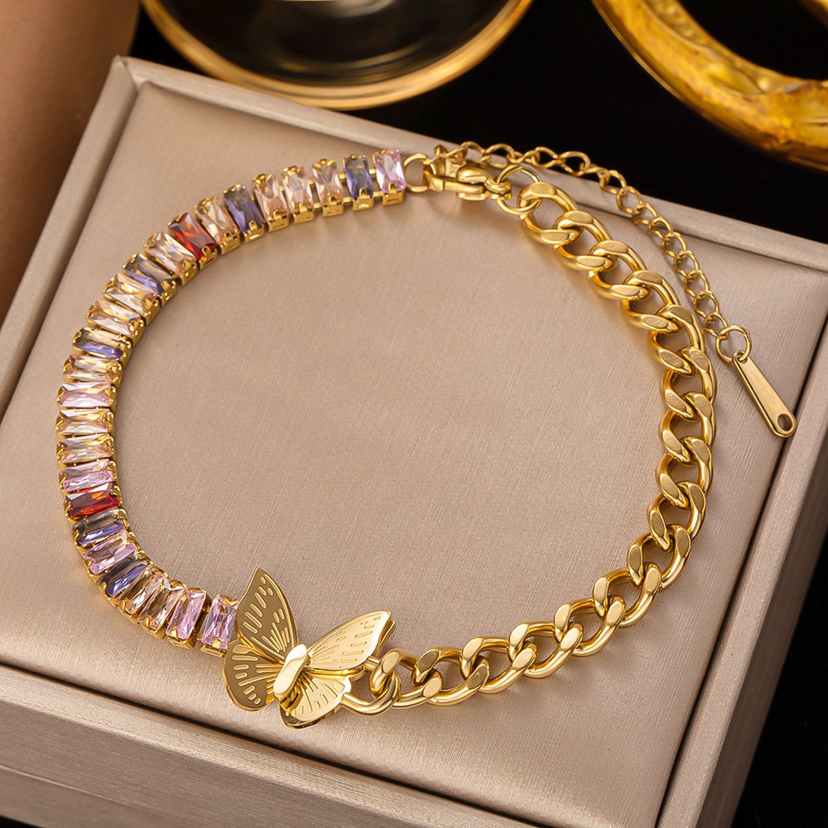 Baguette Butterfly Crystal Multicolour 18K Gold Stainless Steel Anti Tarnish Curb Chain Bracelet For Women Main image