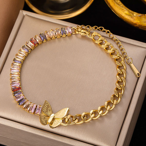 Baguette Butterfly Crystal Multicolour 18K Gold Stainless Steel Anti Tarnish Curb Chain Bracelet For Women Main image