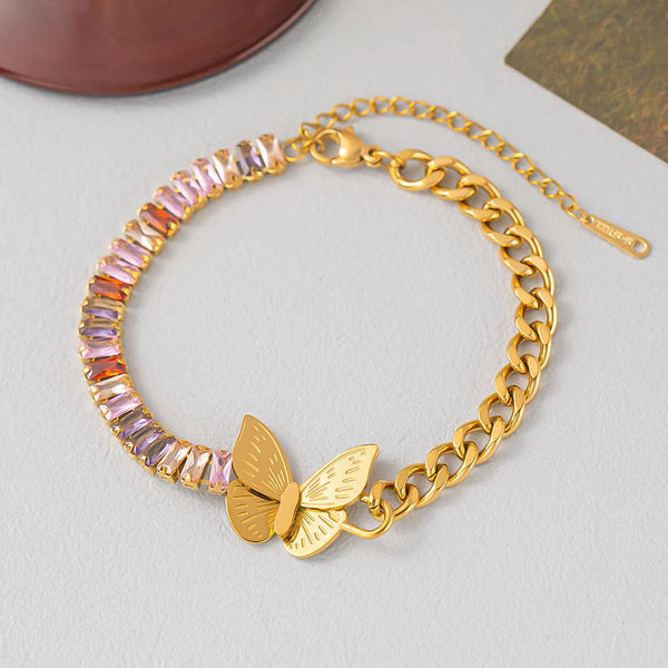 Baguette Butterfly Crystal Multicolour 18K Gold Stainless Steel Anti Tarnish Curb Chain Bracelet For Women Secondary image