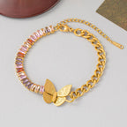 Baguette Butterfly Crystal Multicolour 18K Gold Stainless Steel Anti Tarnish Curb Chain Bracelet For Women