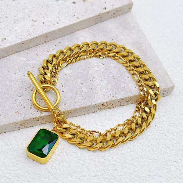 Emerald Green Crystal 18K Gold Stainless Steel Anti Tarnish Curb Dual Layer Bracelet For Women Main image
