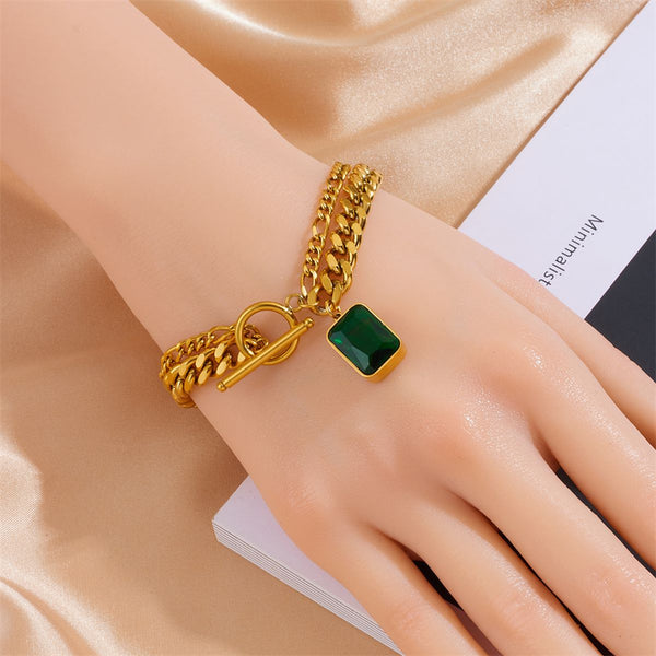 Emerald Green Crystal 18K Gold Stainless Steel Anti Tarnish Curb Dual Layer Bracelet For Women Secondary image