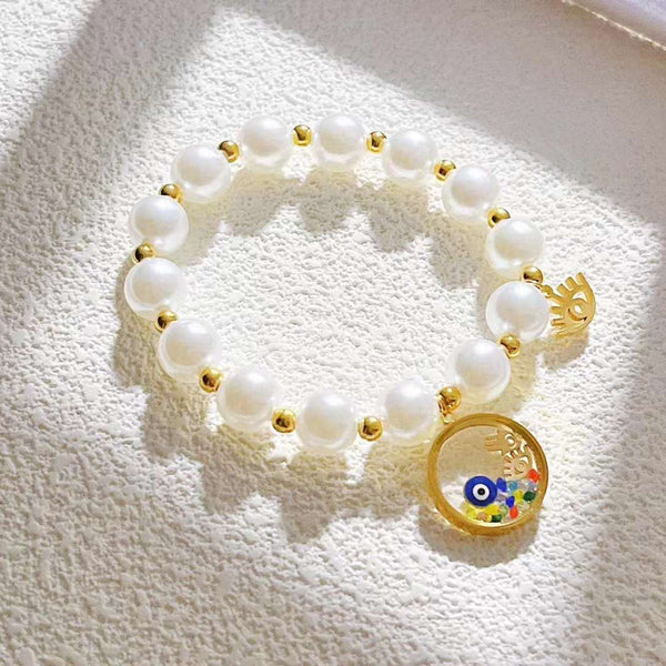 Hamsa Evil Eye Pearl Crystal White 18K Gold Stainless Steel Anti Tarnish Charm Bracelet For Women Main image